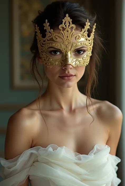 This photo of Nina Dobrev leaves the actress wearing a gold mask and a shiny white dress