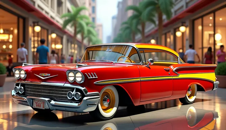 A picture of (1959 Chevy Bel Air)in (red)in shopping mol his wheels color (yellow)