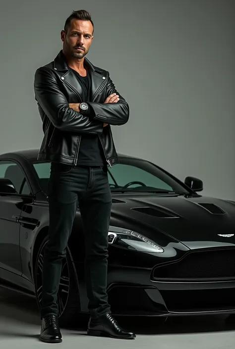 Brown man with green eyes wearing a black leather jacket with his arms crossed at his side, a black Aston Martín.