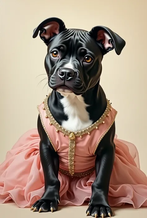  oil painting smaller Black pitbull white chest unchopped ears wearing a fancy dress plain background