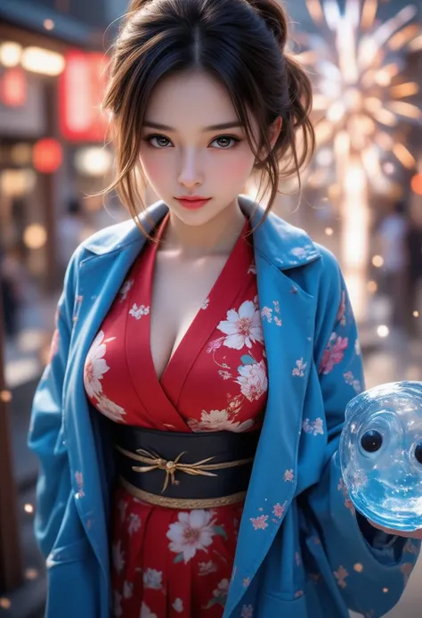  (sfw)、 Ulzang - 6500 - V1.1, ( RAW photos in the loop:1.2), ( photorealistic ),   beautiful detailed girl wearing a blue trench coat , (Genuine: 1.4),  very detailed目と顔, ((Red floral yukata;1.3))、((Fireworks in the background:1.2)), Self Snap,  Instagram ...