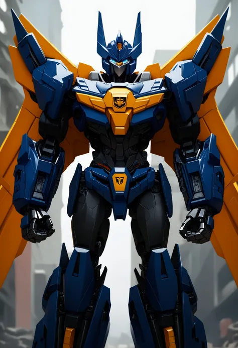 Bladezer Prime, upperbody, Autobot logo, blue eyes, blue and black, airplane armor, yellow wings jet, black suit robot, Transformers, hyper detailed, 8K, photorealistic, cinematic lighting, cinematic composition, highly detailed, intricate details, complex...