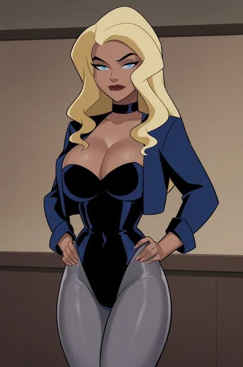 PonyXLV6_Scores BREAK ((parody), perfect anatomy, perfect eyes, cowboy shot) BREAK dinah lance, long hair, blond hair, blue eyes, dark-skinned female, flirting, raised eyebrow, ((looking at viewer)), cropped jacket, blue jacket, choker, cleavage, leotard, ...