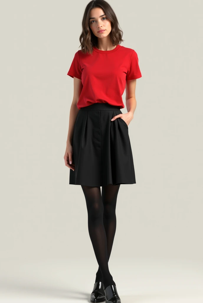 Woman wearing red t-shirt black skirt black tights adult black shoes