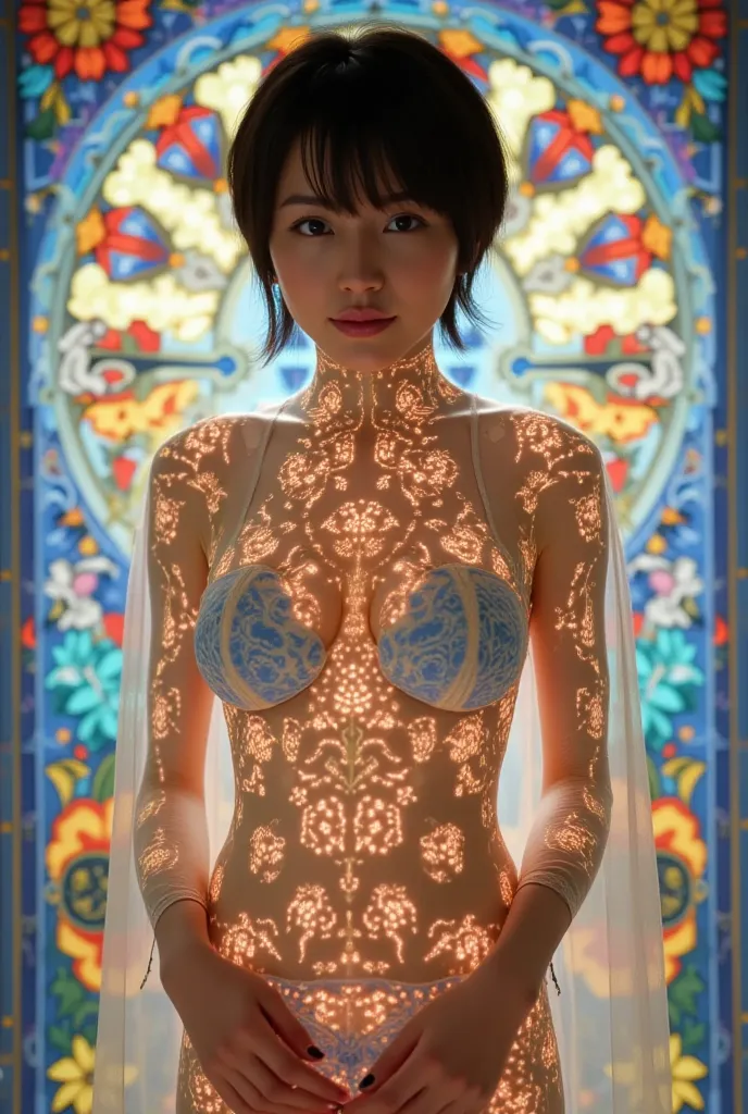 (masterpiece,  top quality), 8k,((( very detailed))), :1.8,Super intricate pattern, colorful pattern, Transparent body on stained glass background , Mandala, light up,cold,  female 1 person,Open back, 1、 Japanese, Photo of Lee Jae, Tumbler,  Sensual Body w...