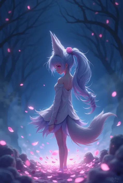 ((work of art, best qualityer)), (negative space: 1.2), (1 girl, standing alone: 1.4), petals, pink eyes, fox Girl,fox eras,fluffy fox tail, far away, high ponytail, liquid hair, flowers, night blue highlight flowing background, photorrealistic, 34K,