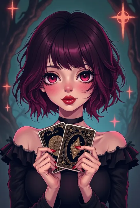 Do one with short wavy hair,  in the color dark red with dark purple lights holding tarot cards,  with an eyeliner and a dark red lipstick , with the cute face ,  with dark brown eyes,  in manga style ,  with the witch house background , to place in the In...