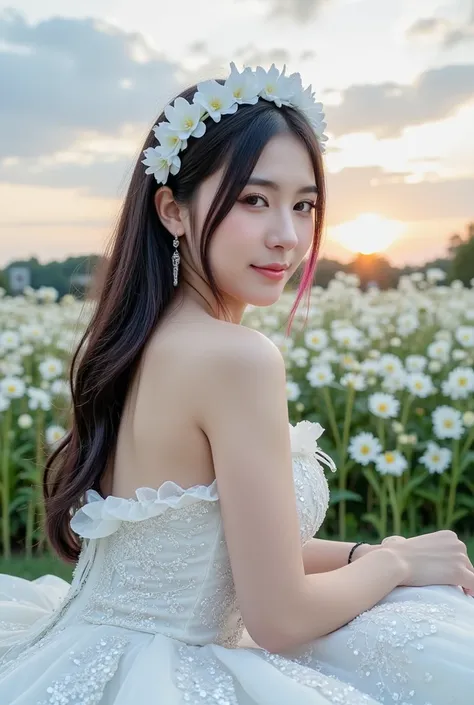 Side view photography with Sony Fe 16-35mm f/2.8 grams of a Korean woman, smiling staring in front of the audience. (Long black hair with pink highlights), wearing a beautiful flower crown, a luxurious white dress with a protruding and complicated glitter ...