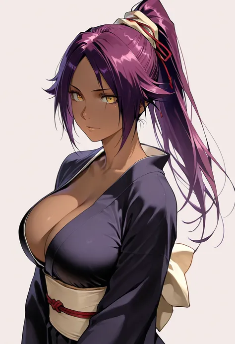 masterpiece,  top quality,  vibrant,  Very Aesthetic,  High Contrast , Semi-realistic,Yoruichi Shihouin, 1 girl, solo,  purple hair, ponytail,  big breasts,  simple background,  golden eyes,  kimono