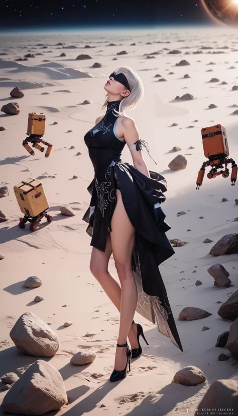 yorha10h, white hair, beautiful detailed lips, black blindfold, wearing a black elegant dress, standing on the lunar surface, light gray sand and rocks, looking up at the black sky with Earth in the center, outer space, hyper-detailed, cinematic lighting, ...