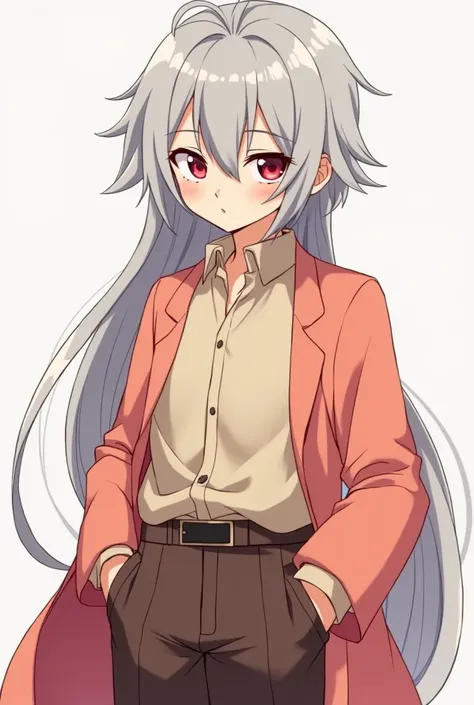 Make it anime style: a boy with big hair up to his waist slightly gray white, eyes with white pupil and red iris . Wearing a beige shirt and brown pants with an elegant pink-salmon robe.