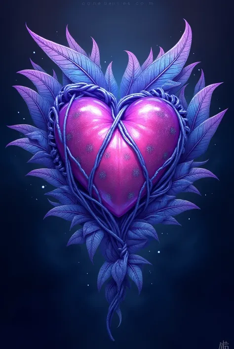  Heart with raised leaves crossing, colors purple blue 