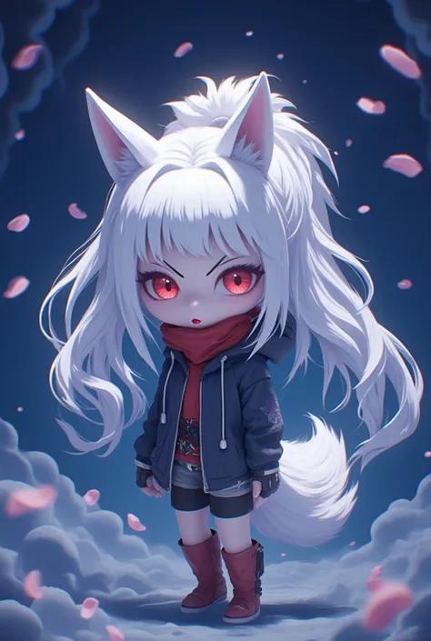 (chibi:0.8),cute,simple background,1girl, solo, looking_at_viewer, red_eyes, gloves, long_sleeves, twintails, standing, jacket, full_body, white_hair, boots, shorts, hood, parted_bangs, facial_mark, black_shorts, red_footwear, hood_up, forehead_mark, short...