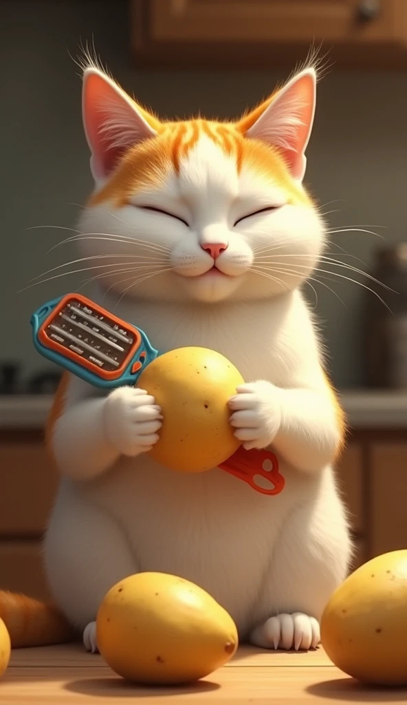 Cat is standing in a kitchen looking  and peeling off potatoes with peeler cat colour is white and orange cat have peeler and potato inside hand and looking peeling off potatoewith
İt