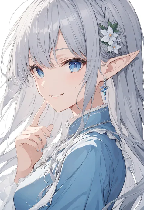  blue eyes, Silver hair,  thin smile ,  Uncomfortable smile , ริบบิ้น สไตล์ Anime,  Anime, Blue dress, Elf,  has a gentle maturity,  high definition, Long hair, 