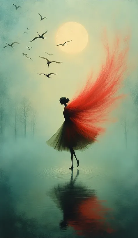 cranes are dancing and you are dancing with the wind in an endless summer... 
 blue, scarlet, pink, silver mist over the lake, transparency, dancing girl with cranes, dynamics, movement. in the style of Ronald Searle, Albert Koetsier