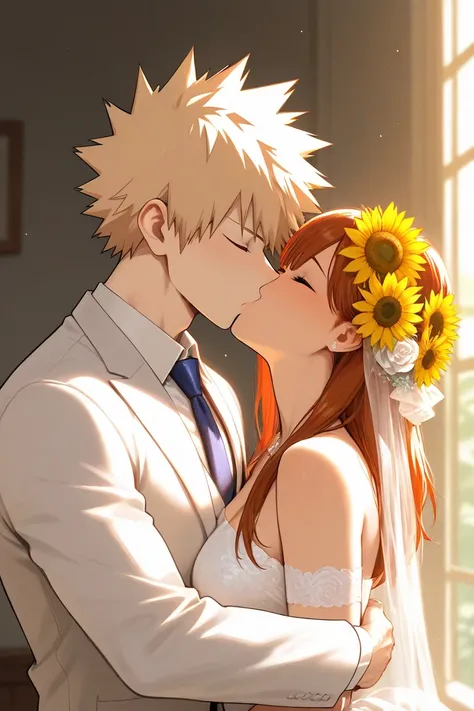 bakugo katsuki, girl with long auburn hair, sunflowers, kissing, wedding