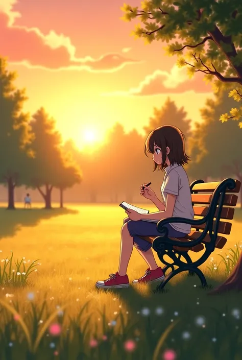 Anime girl walking in the park in the morning. the sun rises slowly,  radiates gold in the sky .  She sits on a park bench ,  opens a notebook , and starts writing .  Her handwriting is clearly visible : "Today ,  I choose to love myself."  Her smile gets ...