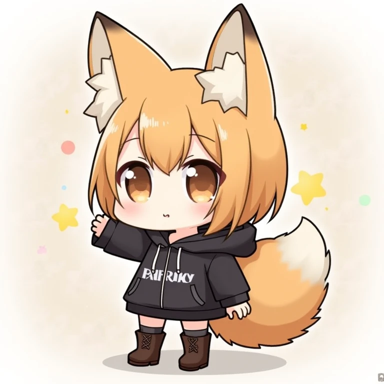  fox ear hood 🦊、 Black Hoodie 、Parker、 boots🥾、plush fox を抱っこ、plush fox 、nyaruko-san,  chibi!!!   Neferpitot,  chibi,  Maple Story , 、 chibi,    senko-sa  , kawaii  chibi,  minimalist、 chibiキャラ、 mini characters、The background is colorful、 bob cut、 brown eye...