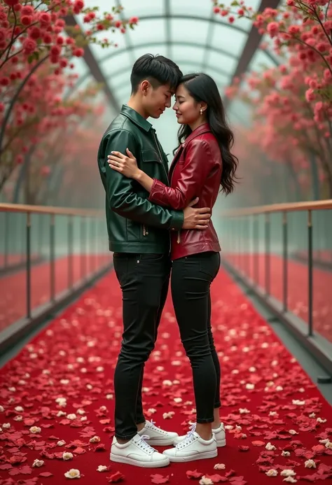 a handsome Asian man wearing a black, green and red leather jacket with a beautiful Asian woman wearing the same jacket. They hugged each other and put their hands together to form love. They wore tight black jeans. They wore white sneakers. They smiled so...