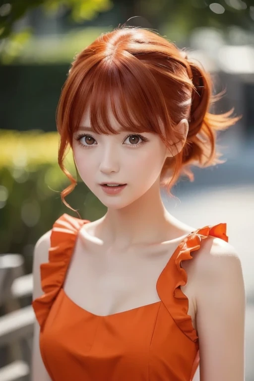 ( embarrassing), Red Hair,  orange hair, WeriArt style,  1 girl, ,  upper body, Highly detailed eyes, employment, clavicle, ruffle dress,  open your mouth