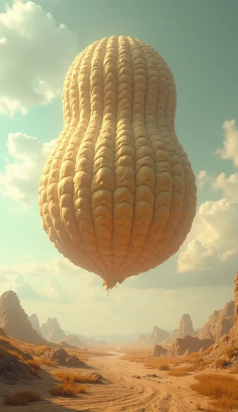 A super huge and unique giant peanut monster that is floating in the air.. 