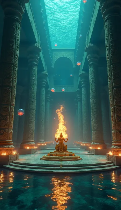 A grand submerged temple where an eternal lamp (Akhand Jyoti) burns underwater, its flame unaffected by the ocean. The temple’s towering pillars are covered in glowing Sanskrit inscriptions, and a massive golden idol of Lord Vishnu rests at the sanctum. Fl...