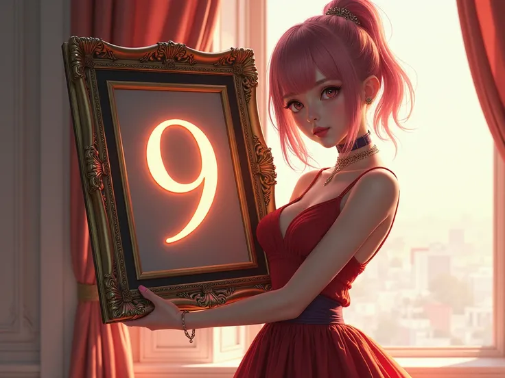 A beautiful and sexy anime girl holding a big painting that says number 9