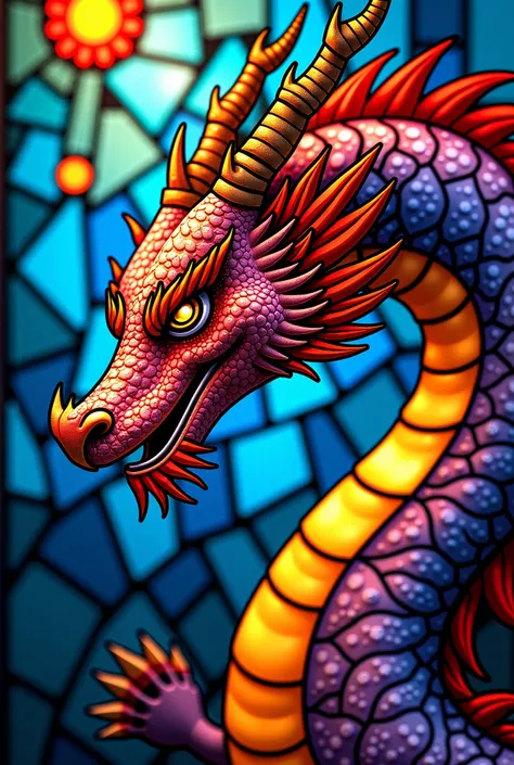 a close up of a picture of a dragon in stained glass, a mosaic by Android Jones, trending on pexels, psychedelic art, stained glass style, stained glass art, glowing stained glass backdrop, stained glass!!, stain glass, stained glass, gothic stained glass ...