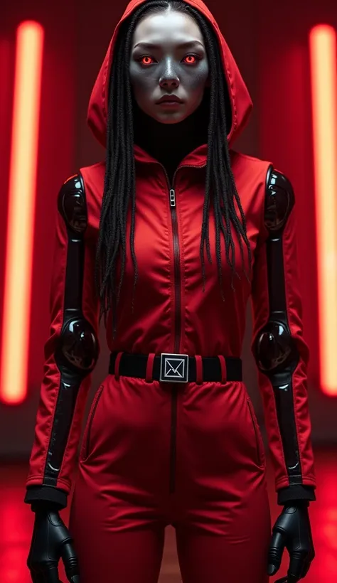  A hyperrealistic humanoid figure that combines the frightening presence of a mechanical doll,  whole body, She's wearing boots , She has the mysterious authority of a masked guard. The figure has a face with pale, flawless skin,  big glazed eyes and braid...