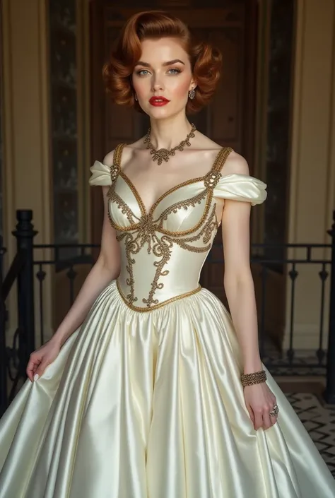 She is a vision of vintage nobility, her white skin glowing with an almost porcelain-like smoothness. Her auburn hair, styled in a perfectly sculpted 1940s short cut, frames her face with soft waves, exuding both sophistication and timeless charm. Her ambe...