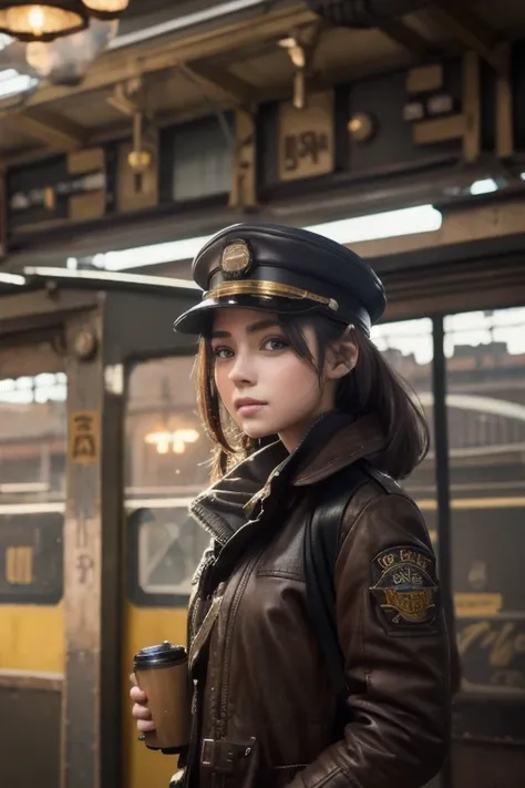  1 girl,   Pilot Cap  ,   Alone,    steam punk, station,  ,  steam, Masterpiece,   very detailed on trends , high resolution, 8k resolution,  best quality ,