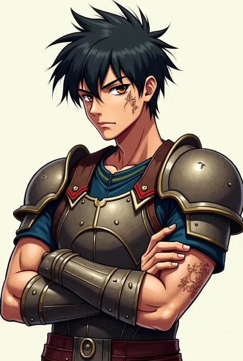  anime-style 2d image of a young man with semi-long black hair ,  BROWN EYES , with a scar on his right cheek ,  who wears armor with bare arms that is crossed and full of scars.