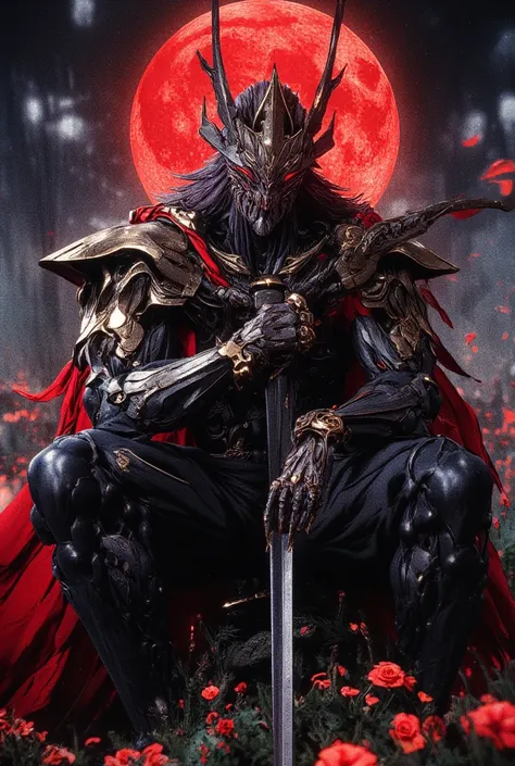 A retro anime style, ((A handsome man wearing a formidable royal crown)), Adorned with bat wings on his crown, his face is full of power and determination, wearing an elegant royal robe over a black metal armor and tight leather suit. He wears a red cloak ...