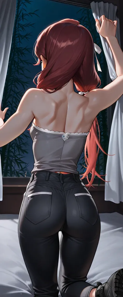 score_9, score_8_up, score_7_up, 1girl, solo, back view, ass, reaching up to adjusts curtains on window, low twin tails, gray eyes, dark red hair,  (((long swept bangs))), thin, close up, small breasts, slightly toned arms, (((strapless))), ((strapless loo...