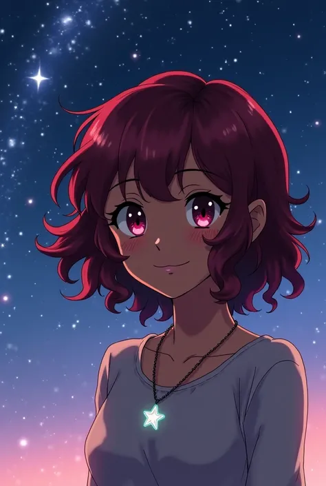 An anime animation featuring a black woman with slightly curly hair with the color burgundy red,  She has to have a strong but pleasant look,  Also leave a space to write the name of my book,  The background of the image must flow as if they were shooting ...