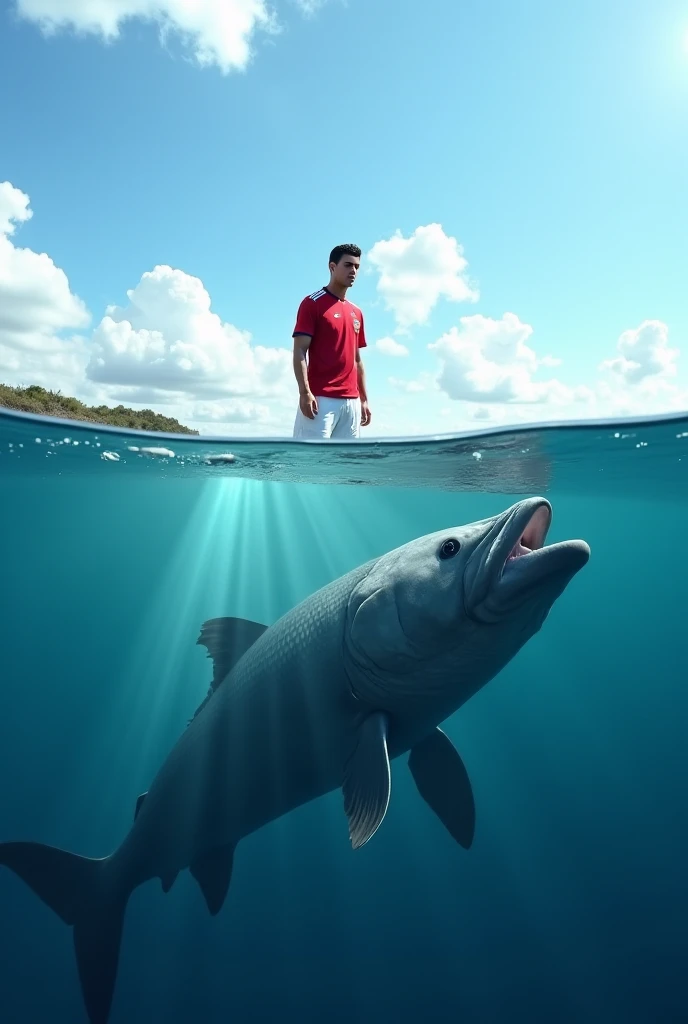 Cristiano Ronaldo wearing a red sports jersey and white shorts stands in the water, looking intently below the surface. Beneath the water, a giant fish is approaching, its massive form creating ripples. Sunlight penetrates the water, highlighting the fish’...