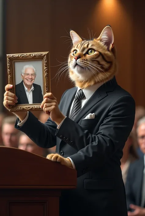 cat as a ceo holding picture of a grandma at a speech