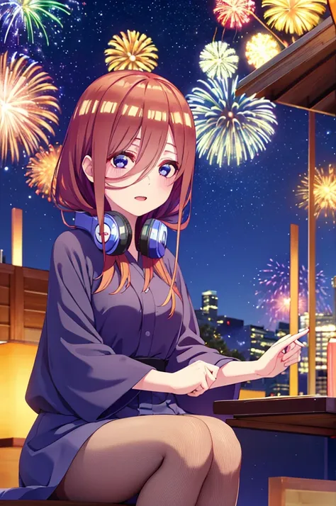 masterpiece,  top quality,  high resolution, 超Aの high resolution,  depth of coverage, yukata,   summer festival ,  (Fireworks in the air), Night Sky,  Miku Nakano , long hair, bangs, blue eyes, brown hair, shirt, hair between eyes, headphones,headphones ar...