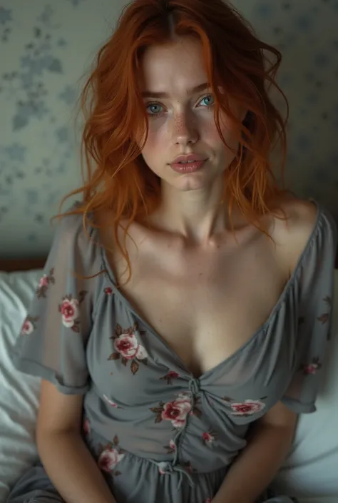 1 in, Age 25,  alone, Art aesthetics, Russian redhead,  wavy light red hair ,  medium length light red hair,  blue eyes,  blue eyes claros,  some small freckles ,  pale skin, ,  big breasts,  body runners , ( Textured Skin,  skin pores :1.1), (moles:0.8), ...