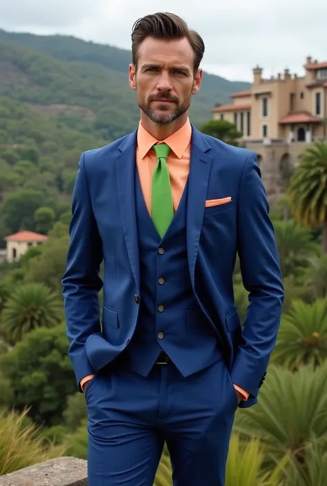 Tall, handsome male model wearing a violet-blue three-piece suit with a pale orange shirt and bright green tie. In the background is a hilly landscape with subtropical gardens and large castle-like houses.