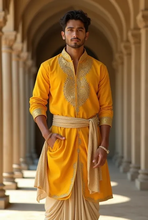 HANDSOME INDIA STUDENT TEEN MAN. Full body. YELLOW-GRAY COLORED BANDHGALA HERO OUTFIT. YELLOW GRAY STONE. NO BEARD