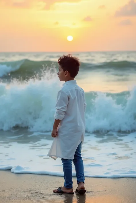 "A young boy standing by the sea, feeling the roar of the waves, wearing a white loose kurta and jeans with slippers. The sea is vast and powerful, with waves crashing dramatically. The scene is serene yet intense, with a golden sunset in the background."