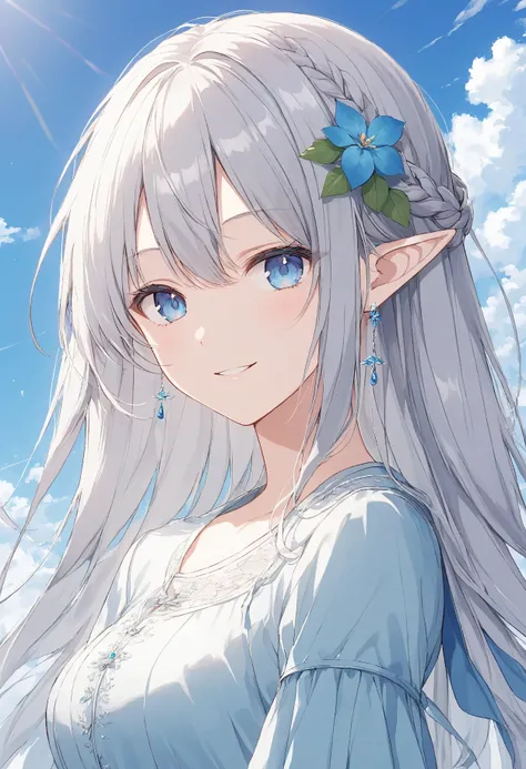  blue eyes, Silver hair,  thin smile , ริบบิ้น สไตล์ Anime,  Anime, Comfortable dress, Elf, gentle,  high definition, Long hair, 