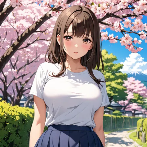 8k,masterpiece, Japanese, 25 year old woman with extended breasts, from before , innocent face,Calm Eyes,ish face, T-shirt,Short sleeve, Short Skirt , semi-long,noon, BRIGHT,Cherry Tree、Big Breasts、 perfect body