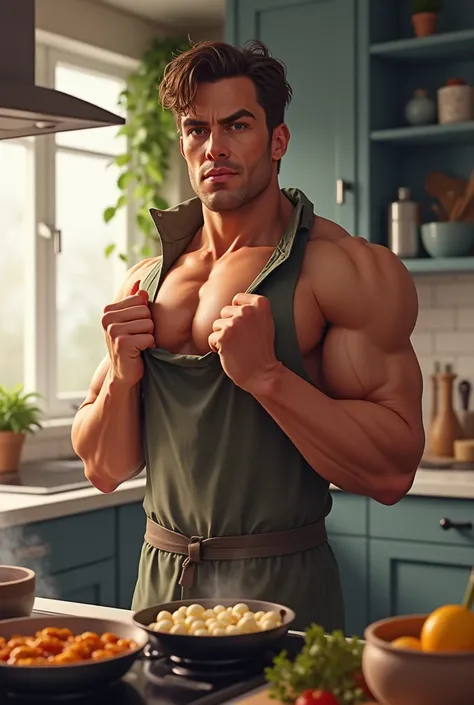 Muscular man making breakfast in a naked apron、Highest quality、Pectoralis major、Abdominal muscles、Eye 、Body hair、sweating、short hair、Putting on a collar、Brown Skin、Muscular、kitchen、looks fun