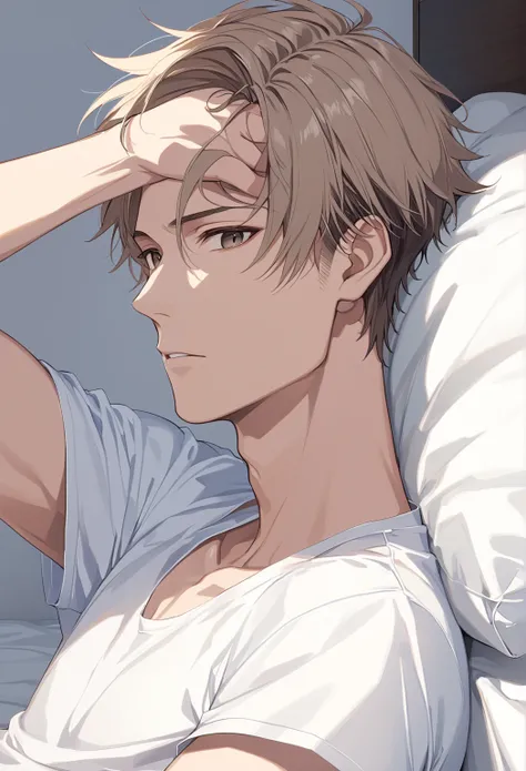 （  highly detailed CG:1.5）、（ crisp quality:1.5）、mature beautiful man 、 alone、（ Detailed facial description  :1.3）、 short hair、 Light brown hair、Tsurime、 Dark Eyes、  No Feelings 、Sharp Eye、hand in own hair、 white t-shirt、 bed、Fromside、 viewers