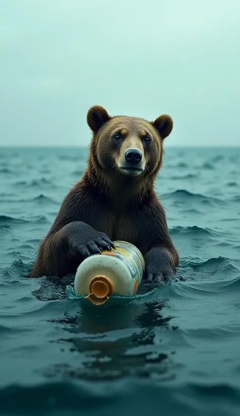  A heart-touching moment of a drenched medium size bear floating on a plastic bottle in the middle of the ocean. The bear's teary eyes and the vast water around it convey vulnerability.
