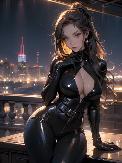 masterpiece, best quality, blkwidow, black bodysuit, cleavage, black belt, black gloves, whit cup of coffee, cityscape, looking at viewer, night, rooftop, large breasts, contrapposto, thighs
