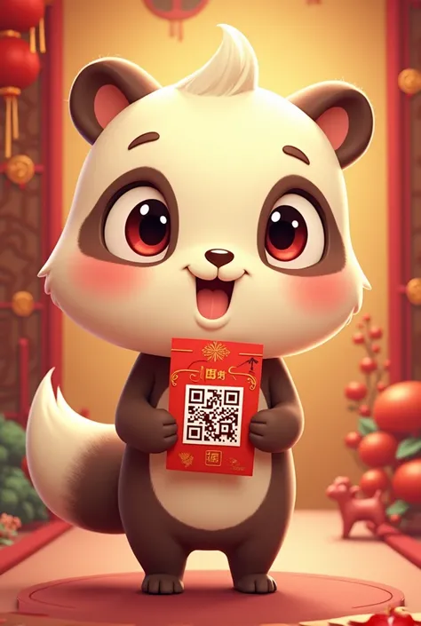 Create a cute animate character holding angpao and qr code for money on Chinese new year
